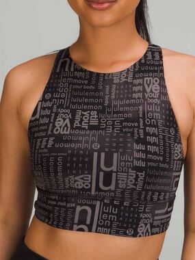 Lululemon Energy Longline Bra Logo Word Print Black Gray Size 6 Rare